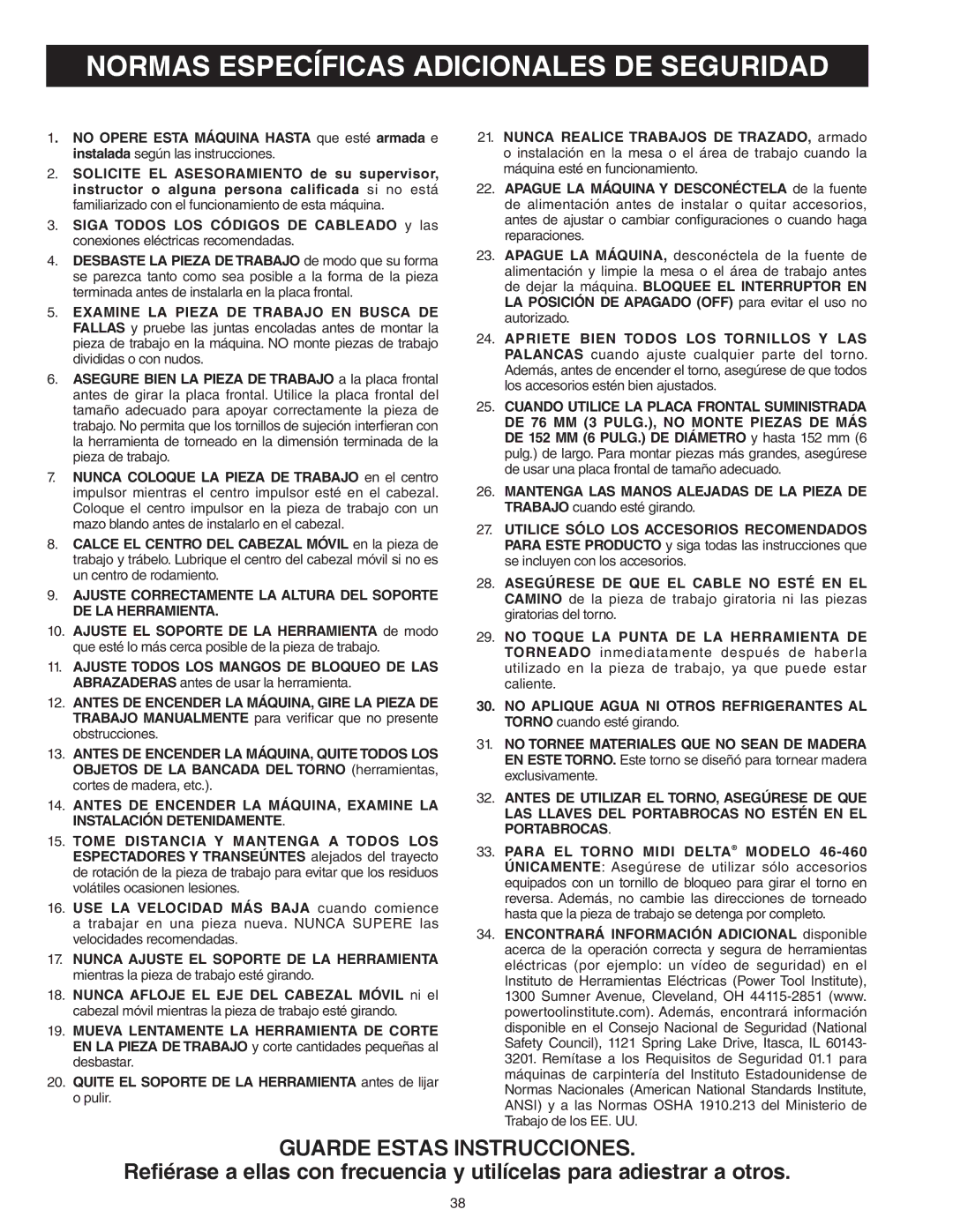 Delta 46-460ST, 46-455 instruction manual Normas Específicas Adicionales DE Seguridad, Guarde Estas Instrucciones 